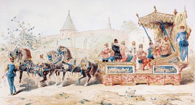 Pferdegezogener dekorierter Wagen mit Berufsmusikern, 16. Jahrhundert, 1886 von Armand Jean Heins